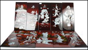 Five pairs of 20th century Japanese mother of pearl inlaid Shibayama lacquered panels, each panel