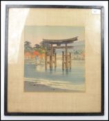 An early  20th century Japanese Oriental watercolour painting on silk  of Japanese pagoda on a
