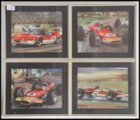 A collection of framed and glazed vintage JPS Lotus picture prints depicting some of the famous