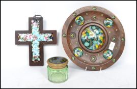 A group of three enamel on copper studio art items to include a enamelled cross / crucifix, a