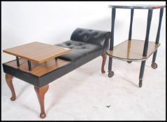 A retro 20th century teak wood effect two tier buffet trolley together with a retro telephone seat