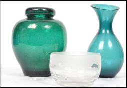 A collection of studio glass to include a possible Whitefriars control bubble dump vase together