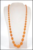 A 19th century knotted butterscotch amber necklace having 53 graduated beads with a bolt ring clasp.