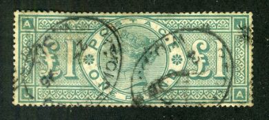 GB STAMP Queen Victoria 1891 £1 Green . Sound used example. 1895 registered cancels. Well