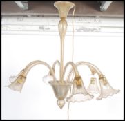 A large  early 20th century glass 6 branch chandelier. The large chandelier with blown glass upright
