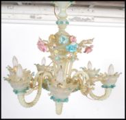 An early 20th century circa 1930's Murano art glass chandelier. Of turquoise blue glass