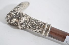 A 19th century gentleman's Art Nouveau silver and hazel wood walking stick / cane. The tapering
