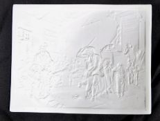 A 19th century lithophane panel of an school room with a boy being beaten by the school master