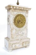 A 19th century French alabaster mantle clock raised on bun feet with embellished floral sprays,