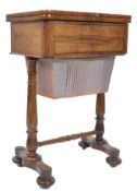 An early Victorian rosewood sewing table having a hinged fold over top ( hinges af) above a bank