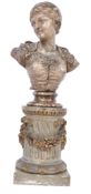 A 19th century plaster painted  bust study of a classical roman woman of stature set over a wooden