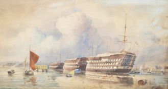 William Edward Atkins (British, 1842-1910) A watercolour painting of believed HMS Victory de-