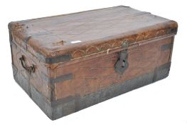 An 18th century Georgian leather bound coffer chest box having brass banding and stud work with drop