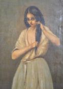 A 19th century oil on canvas portrait study of a young European Romany / Gypsy girl combing long
