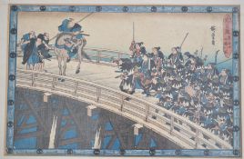 A late 19th century Japanese wood block print of a Edo period warrior scene after Utagawa