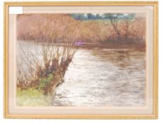 Norman Wilkinson, CBE RI, watercolour painting of a river bank with reeds and flowing river