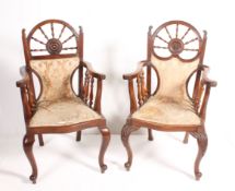 A matched pair of 19th century believed teak wood salon carver armchairs possibly from a ship /