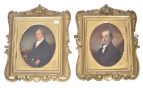 A pair of late 18th century portrait oil painting studies of gentleman set in ornate gilt frames