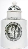 An 18th century pearlware ( pearl ware )underglaze black printed tea caddy with dome top, circa