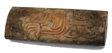 A Chinese jade toggle  of mottled green, cream and russet. Fine old smooth polish being bi -