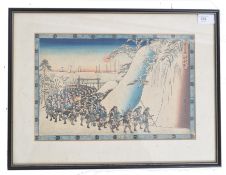 A late 19th century Japanese wood block print of a Edo period warrior scene after Utagawa