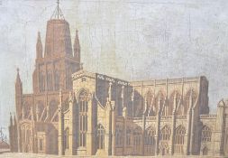 An early 19th century painting en grisailles of St Mary Redcliffe Church with notation to bottom set