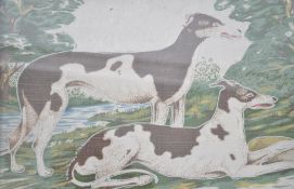 A good 19th century needlepoint sampler study of pied coloured lurcher hunting dogs and their prey (