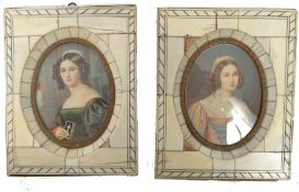 A pair of 19th Victorian  portrait miniatures in bone - ivory frames. Each with sitter portrait