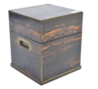 A 19th century coromandel and brass bound decanter box - celerette. Of square form with the hinged
