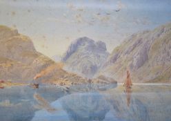 Possibly Charles F Robinson; A 19th century watercolour painting of a lake and mountain scene with