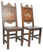 A pair of 19th century Italian bone and marquetry inlaid walnut hall /  side chairs. The chairs