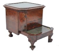 A 19th century flame mahogany library step commode having a pull out step with green tooled