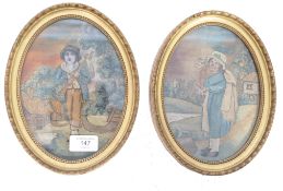 A pair of 18th century oval wool work and stumpwork pair of panels set in gold frames and glazed.