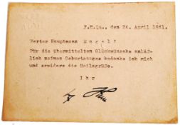 RARE ADOLF HITLER TLS SIGNED BIRTHDAY GREETINGS NOTE