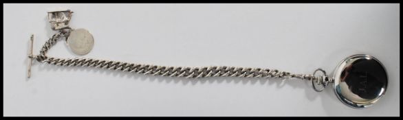A silver hallmarked fob chain with attached fob medals, each link stamped with a contemporary full