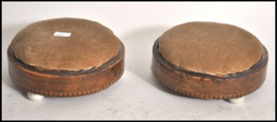 A pair of 2 19th century Victorian marquetry tunbridge inlaid footstool of circular form with bun