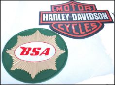 Two vintage style cast metal point of sale advertising garage wall plaques for Harley Davidson