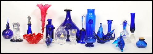 A collection of vintage blue glass to include Boda glass vase, designed by Erik Hoglund, Victorian