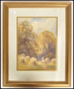 Frank Gresley (British, 1855-1936) A watercolour painting of haymaking with gate and forest to