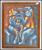 A vintage 20th century retro - unusual abstract oil on canvas folk art painting of two musicians