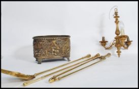 A group of three 19th century fireside tools / companion together with a three branch gilt ceiling