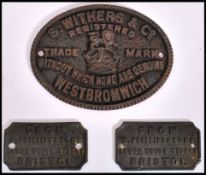 A group of three vintage early 20th century Industrial cast iron metal machine name plaques to