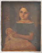 A 19th century oil on canvas painting of a young girl holding a doll. Unsigned.