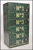 A 20th century upcycled retro pedestal chest of drawers. Painted green with cartouche panel to top