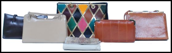 A collection of five ladies handbags / evening bags to include an Ostrich skin bag, a multi coloured