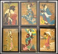 A set of six lacquered Chinese panels each decorated with a different Geisha girl in a variety of