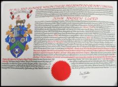 A framed and glazed city of London charter for the freedom of the city being issued to noted