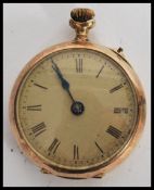 A vintage 20th century ladies 9ct gold cased pocket watch, white enamel dial with roman numeral