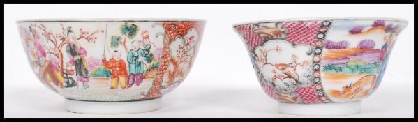 Two late 19th early 20th century Chinese ceramic hand painted bowls, each bowl with applied hand