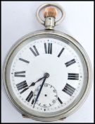A silver plated Swiss made lever open faced crown wind pocket watch, having enamel face with Roman